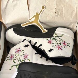 Jordan White and Black Sneakers with Floral Detail